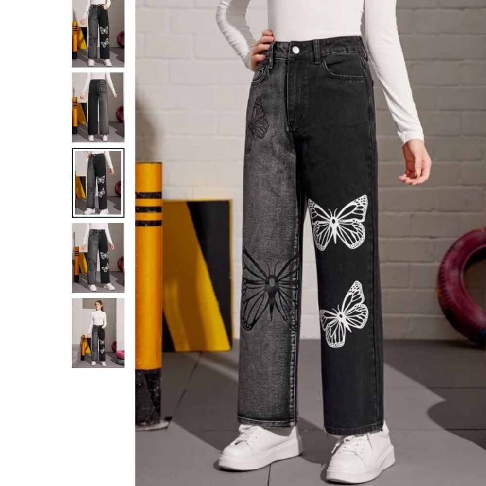 Two Tone Butterfly Black Straight Leg Pants